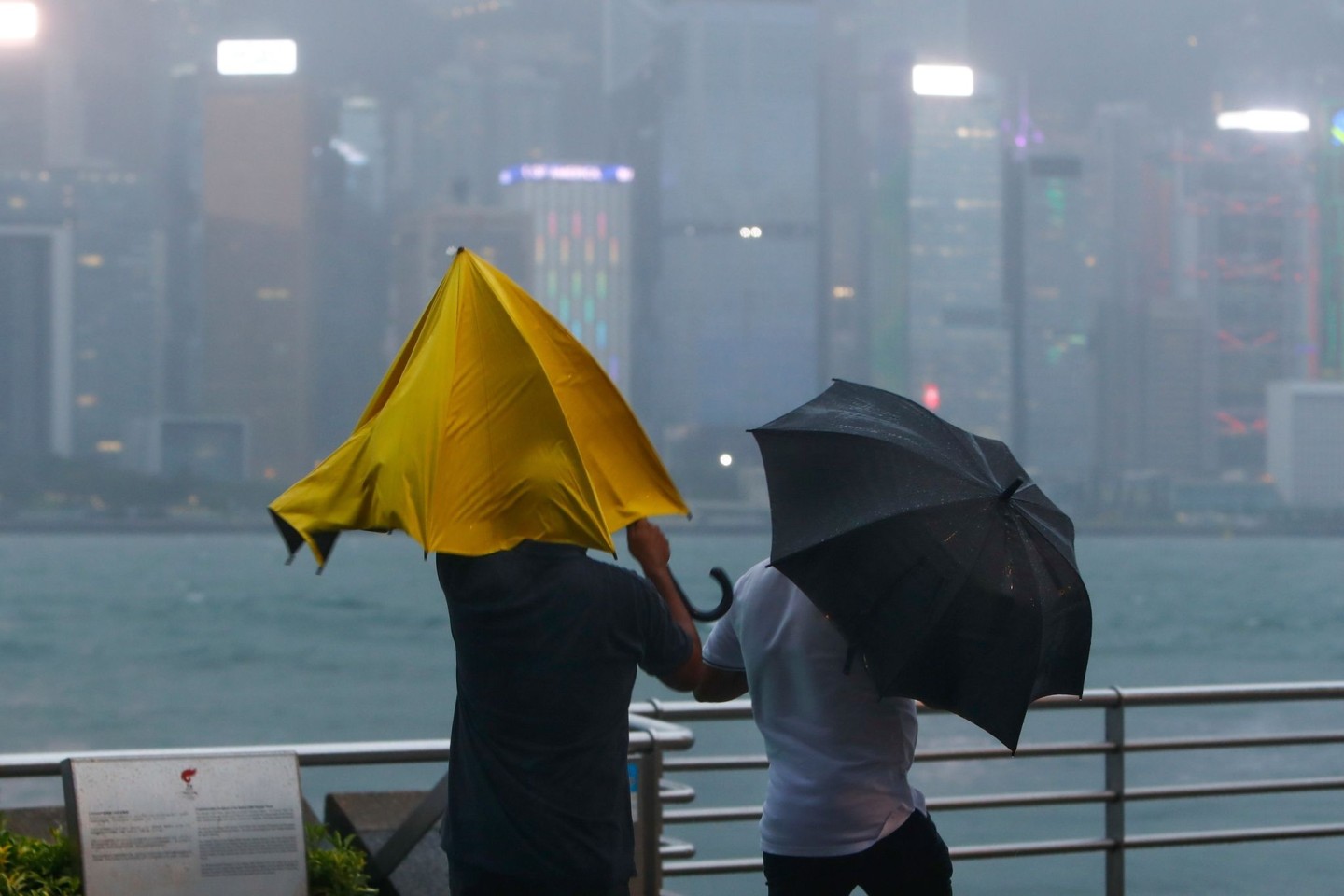 Menschen mit Regenschirmen kämpfen in Hongkong gegen starken Wind und Regen des Taifuns «Saola» an.